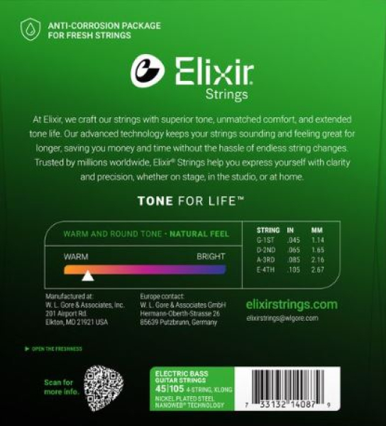 Preview: Elixir 14087 X-Long Scale Electric Bass Strings, 45-105